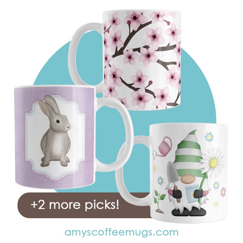 Spring mugs featuring pink blossoms, bunny, and gardening gnome from Amy’s Coffee Mugs