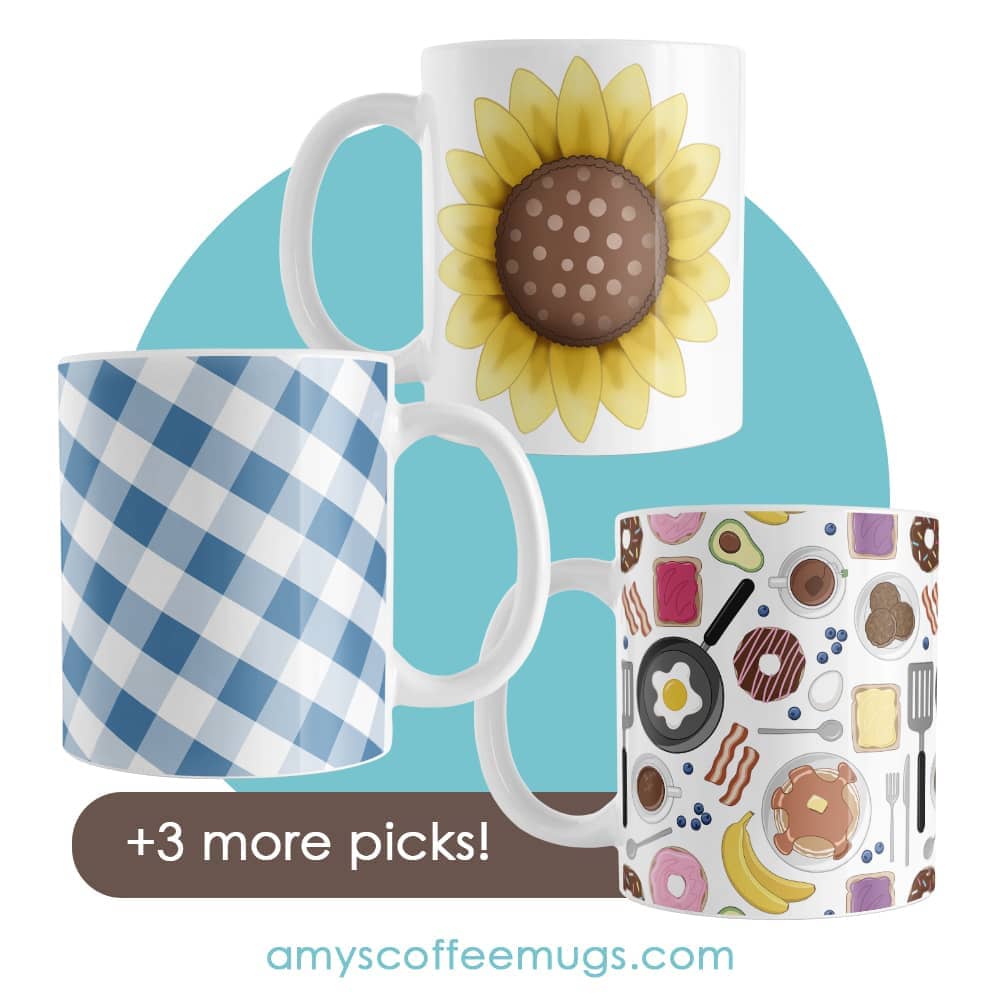 Feature image showing sunflower mug, blue gingham mug, and breakfast pattern mug from Amy’s Coffee Mugs – perfect for cozy, cheerful morning routines