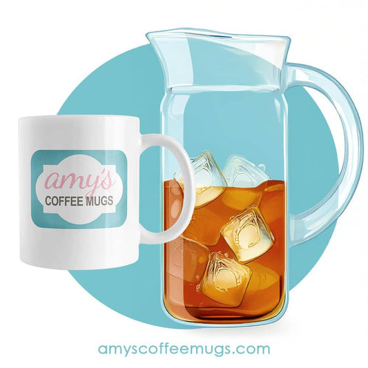 A mug from Amy's Coffee Mugs and a glass pitcher of iced tea for the blog post How to Use Your Mug for Iced Drinks All Summer