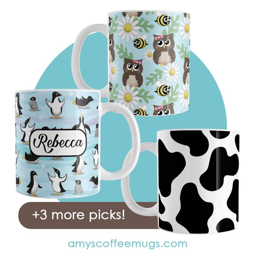 Personalized Penguin Mug, Owl Bee Daisy Mug, Cow Print Mug, plus 3 more picks for the Mugs for Animal Lovers blog post.