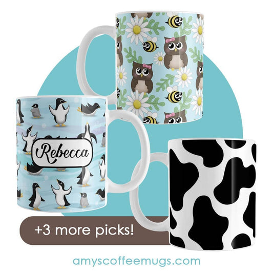Personalized Penguin Mug, Owl Bee Daisy Mug, Cow Print Mug, plus 3 more picks for the Mugs for Animal Lovers blog post.