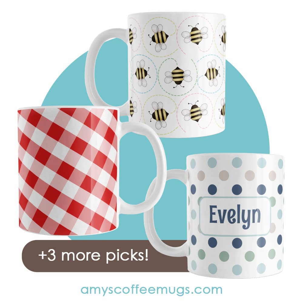 Red Gingham Mug, Bee Mug, and Personalized Mug, plus 3 more picks, for Mugs That Make Great Gifts for Teachers & Grads