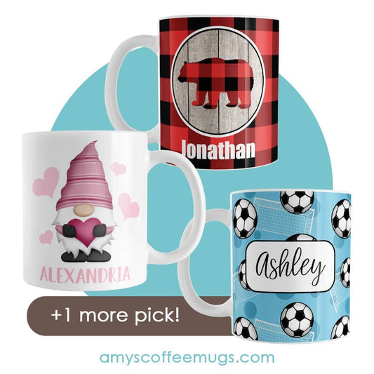 Gnome Mug, Bear Mug, Soccer Mug, and one more pick, for the Personalized Mugs & Cups That Make Every Sip More Meaningful blog post.