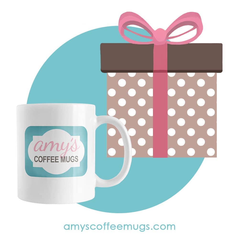 A mug from Amy's Coffee Mugs and a gift box.