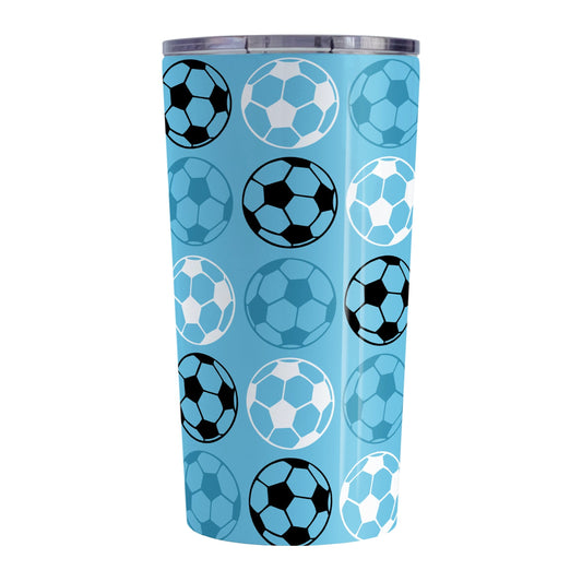 20oz Alternating Blue Soccer Balls Tumbler Cup at Amy's Coffee Mugs