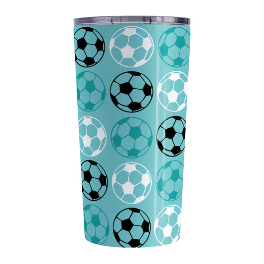 20oz Alternating Teal Soccer Balls Tumbler Cup at Amy's Coffee Mugs