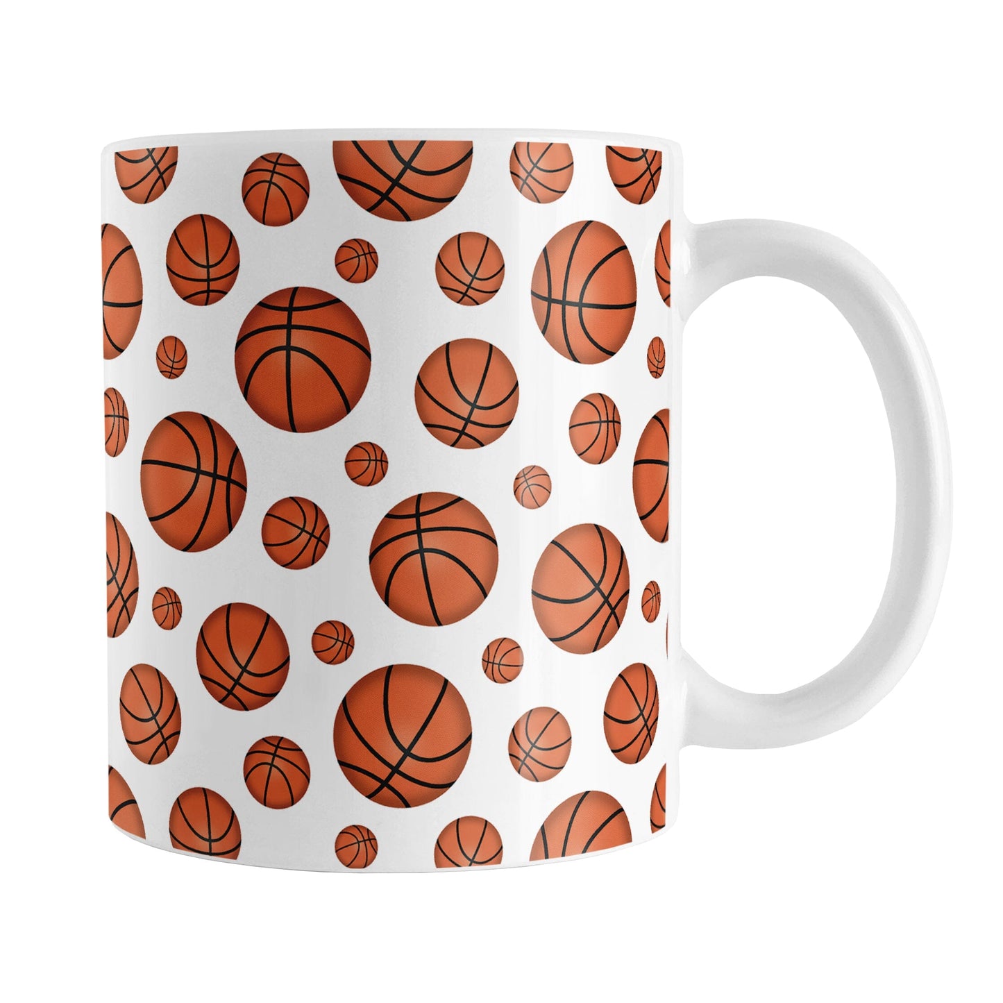 Basketballs Pattern Mug (11oz) at Amy's Coffee Mugs. A ceramic coffee mug designed with basketballs in varying sizes in a pattern that wraps around the mug to the handle. It's perfect for anyone who loves the game of basketball.