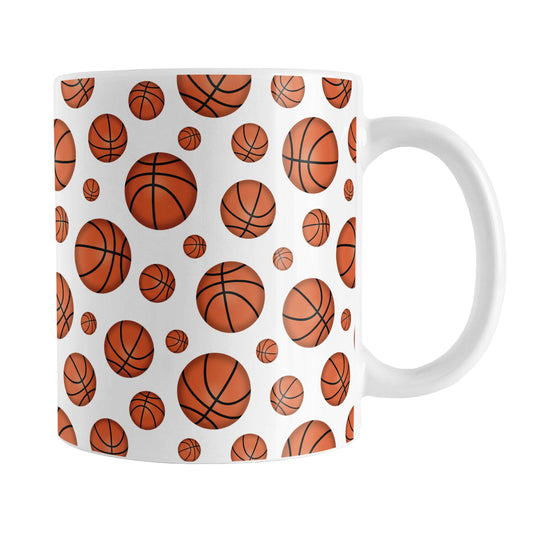 Basketballs Pattern Mug (11oz) at Amy's Coffee Mugs. A ceramic coffee mug designed with basketballs in varying sizes in a pattern that wraps around the mug to the handle. It's perfect for anyone who loves the game of basketball.