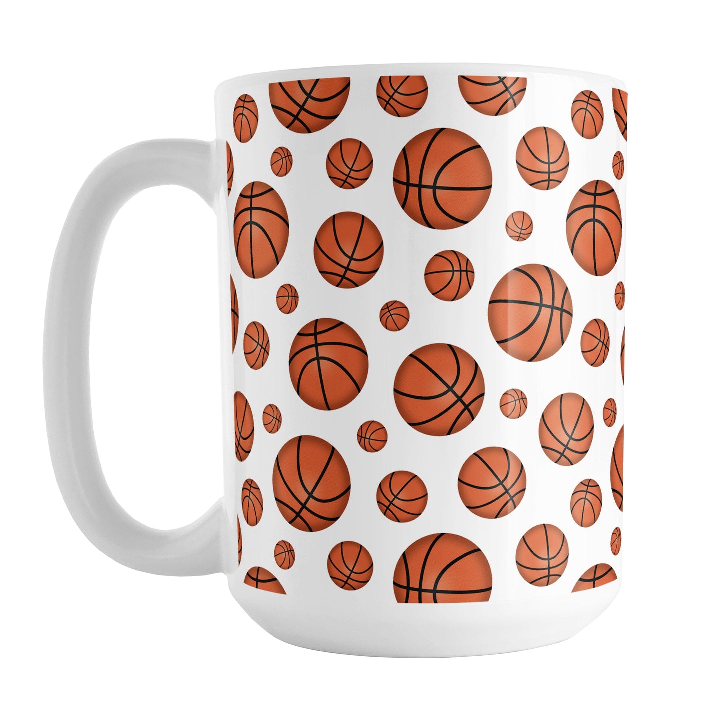 Basketballs Pattern Mug (15oz) at Amy's Coffee Mugs. A ceramic coffee mug designed with basketballs in varying sizes in a pattern that wraps around the mug to the handle. It's perfect for anyone who loves the game of basketball.