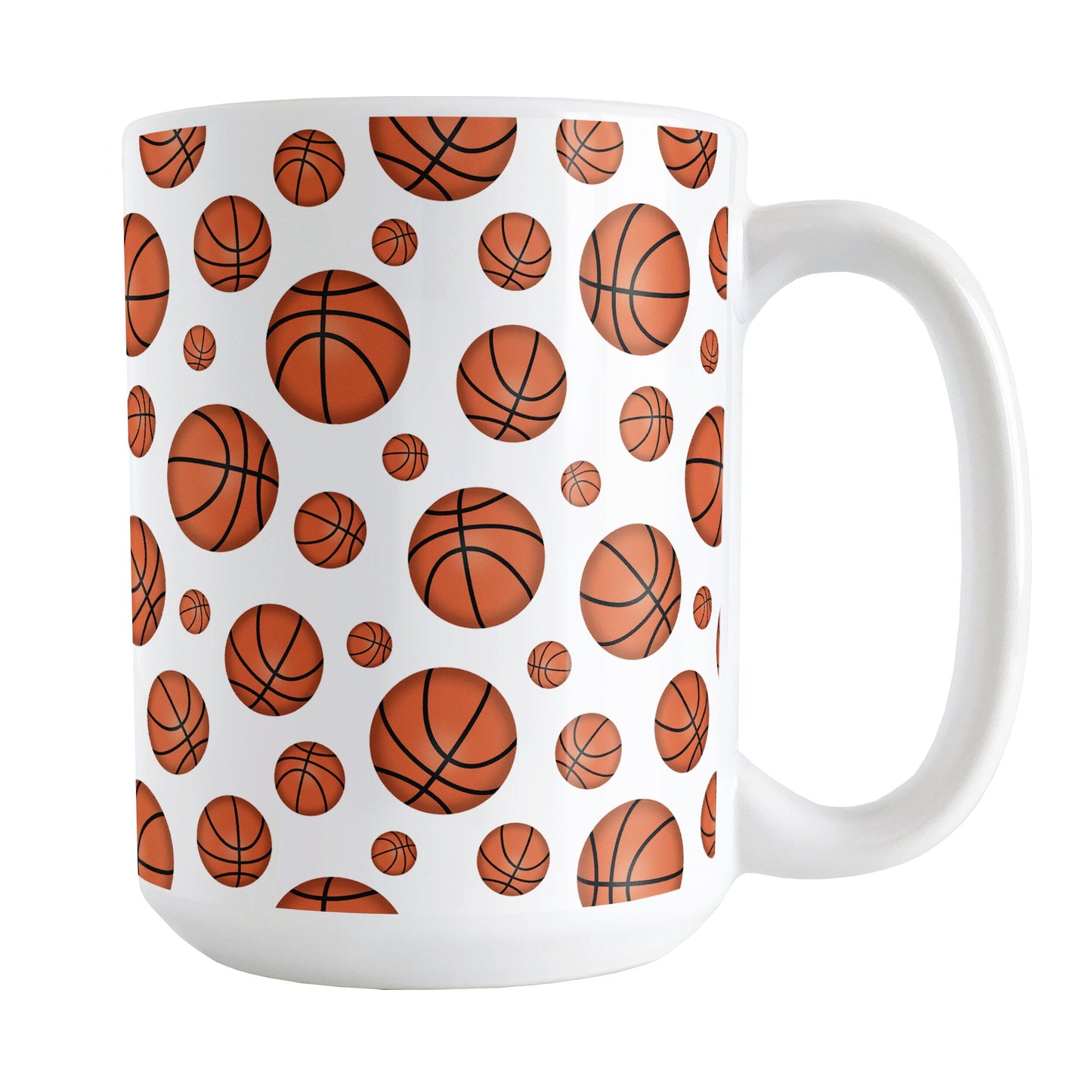 Basketballs Pattern Mug (15oz) at Amy's Coffee Mugs. A ceramic coffee mug designed with basketballs in varying sizes in a pattern that wraps around the mug to the handle. It's perfect for anyone who loves the game of basketball.