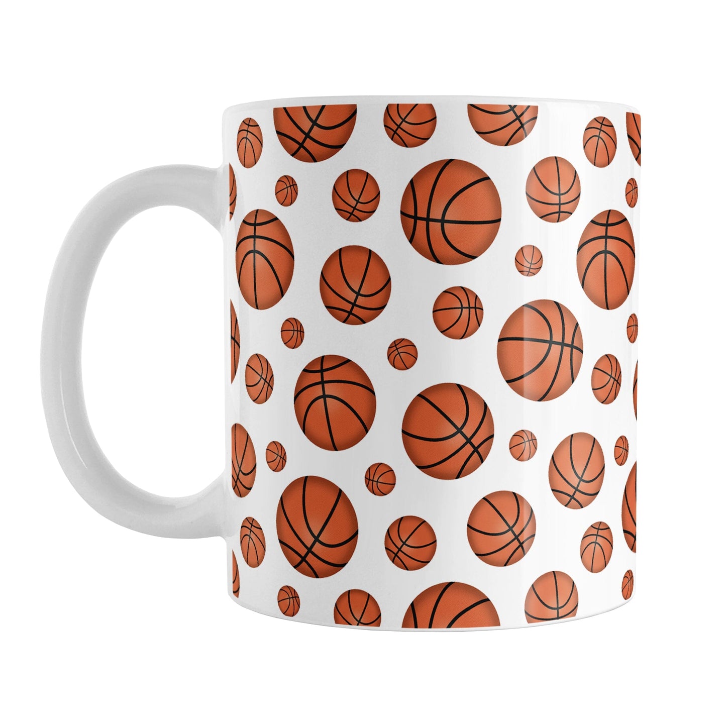 Basketballs Pattern Mug (11oz) at Amy's Coffee Mugs. A ceramic coffee mug designed with basketballs in varying sizes in a pattern that wraps around the mug to the handle. It's perfect for anyone who loves the game of basketball.