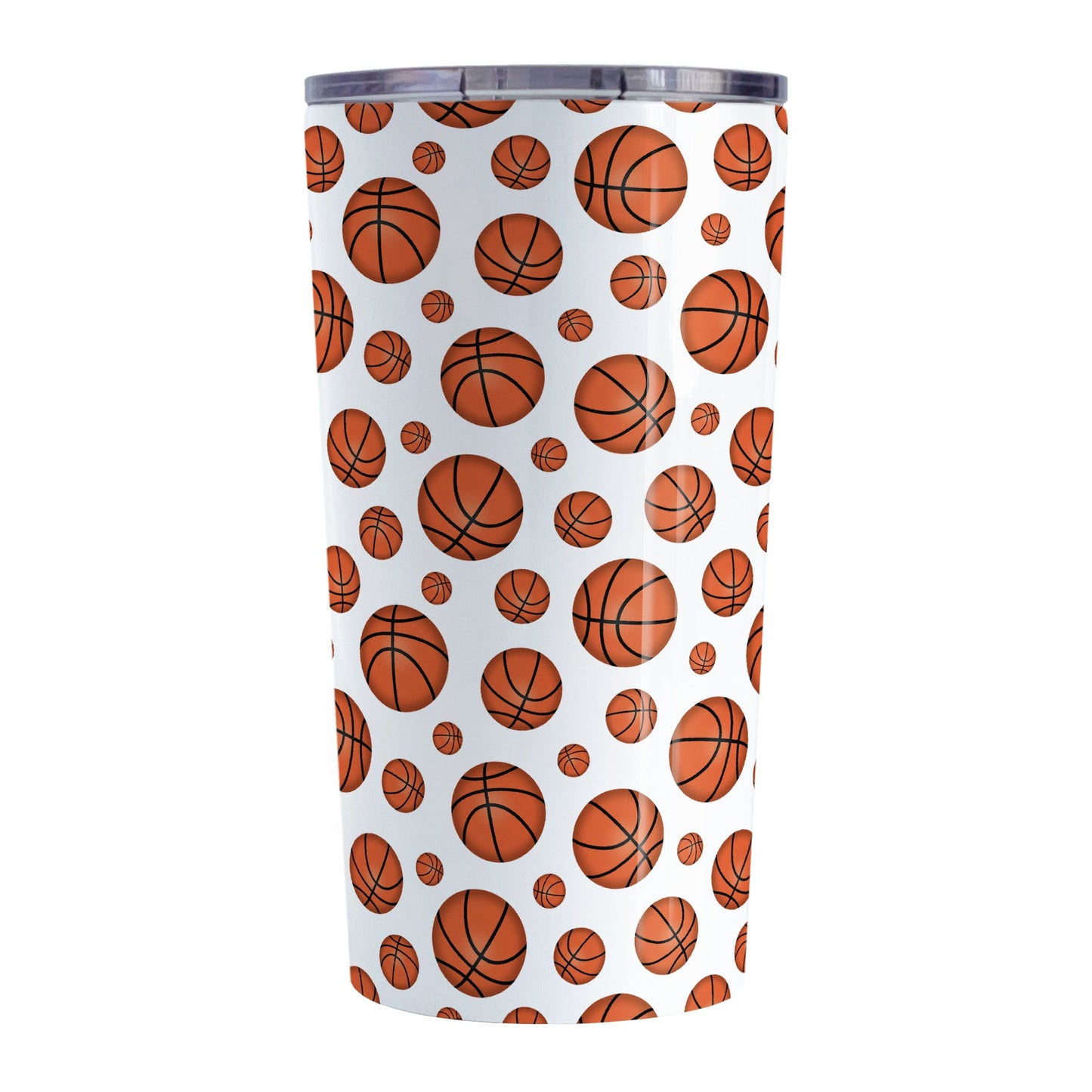 Basketballs Pattern Tumbler Cup (20oz) at Amy's Coffee Mugs. A stainless steel tumbler cup designed with basketballs in varying sizes in a pattern that wraps around the cup.