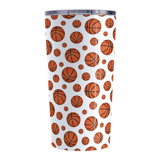 Basketballs Pattern Tumbler Cup (20oz) at Amy's Coffee Mugs. A stainless steel tumbler cup designed with basketballs in varying sizes in a pattern that wraps around the cup.