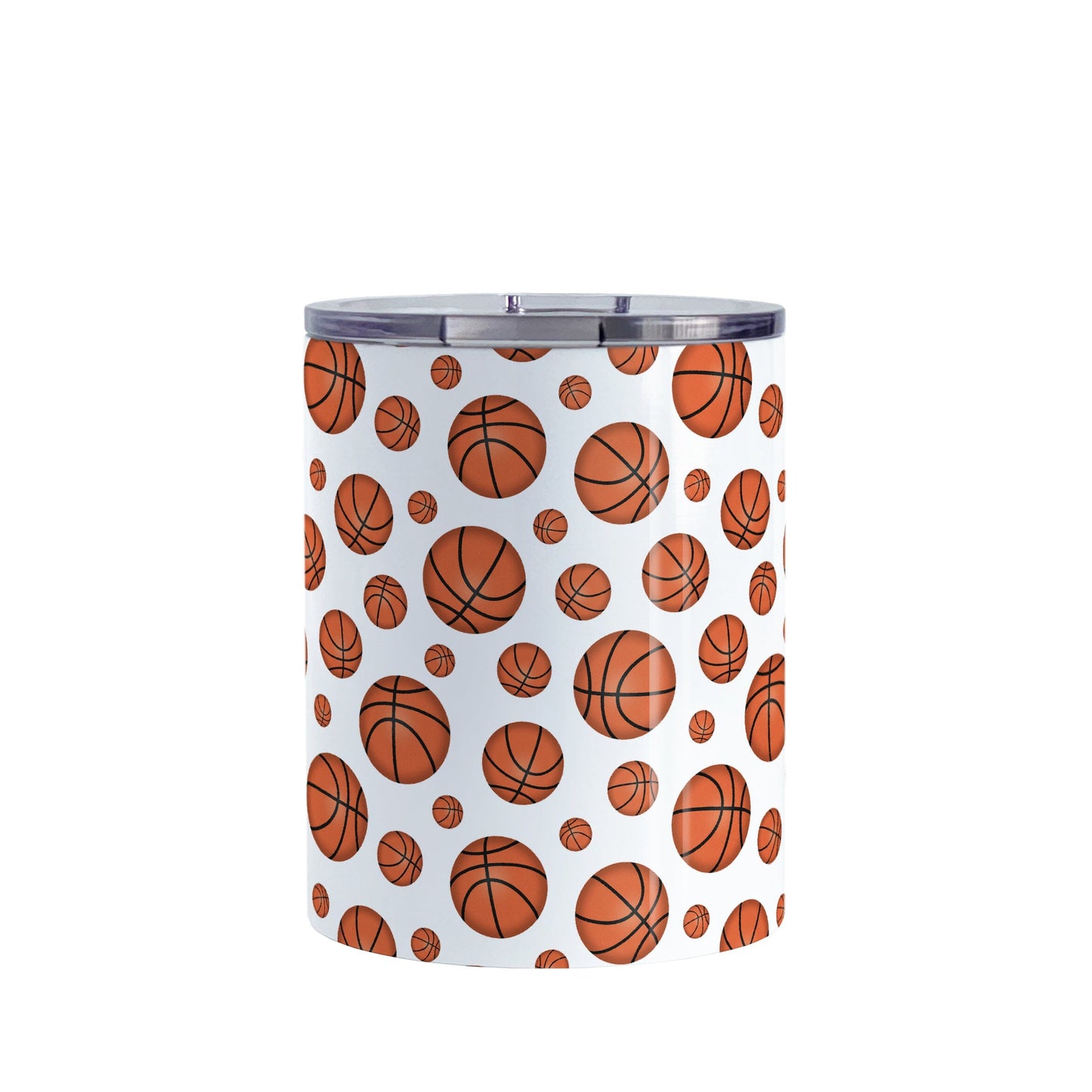 Basketballs Pattern Tumbler Cup (10oz) at Amy's Coffee Mugs. A stainless steel tumbler cup designed with basketballs in varying sizes in a pattern that wraps around the cup.