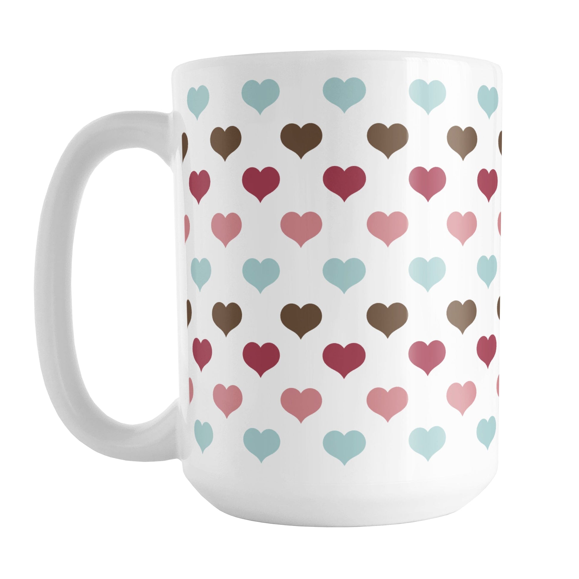 Berry Blue Summer Hearts Mug (15oz) at Amy's Coffee Mugs. A ceramic coffee mug designed with a polka-dotted pattern of hearts in a gorgeous summer color combination of berry pink hues, aqua blue, and brown over white. It makes an adorable gift for Valentine's Day as well with its unique and sweet color palette.
