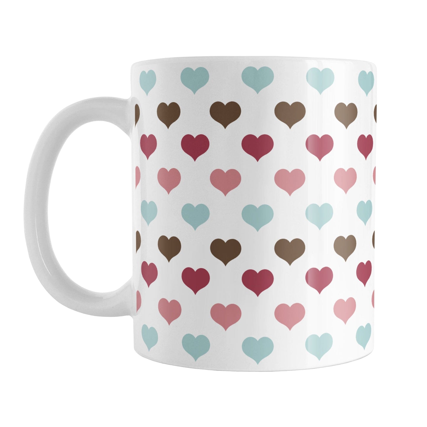 Berry Blue Summer Hearts Mug (11oz) at Amy's Coffee Mugs. A ceramic coffee mug designed with a polka-dotted pattern of hearts in a gorgeous summer color combination of berry pink hues, aqua blue, and brown over white. It makes an adorable gift for Valentine's Day as well with its unique and sweet color palette.