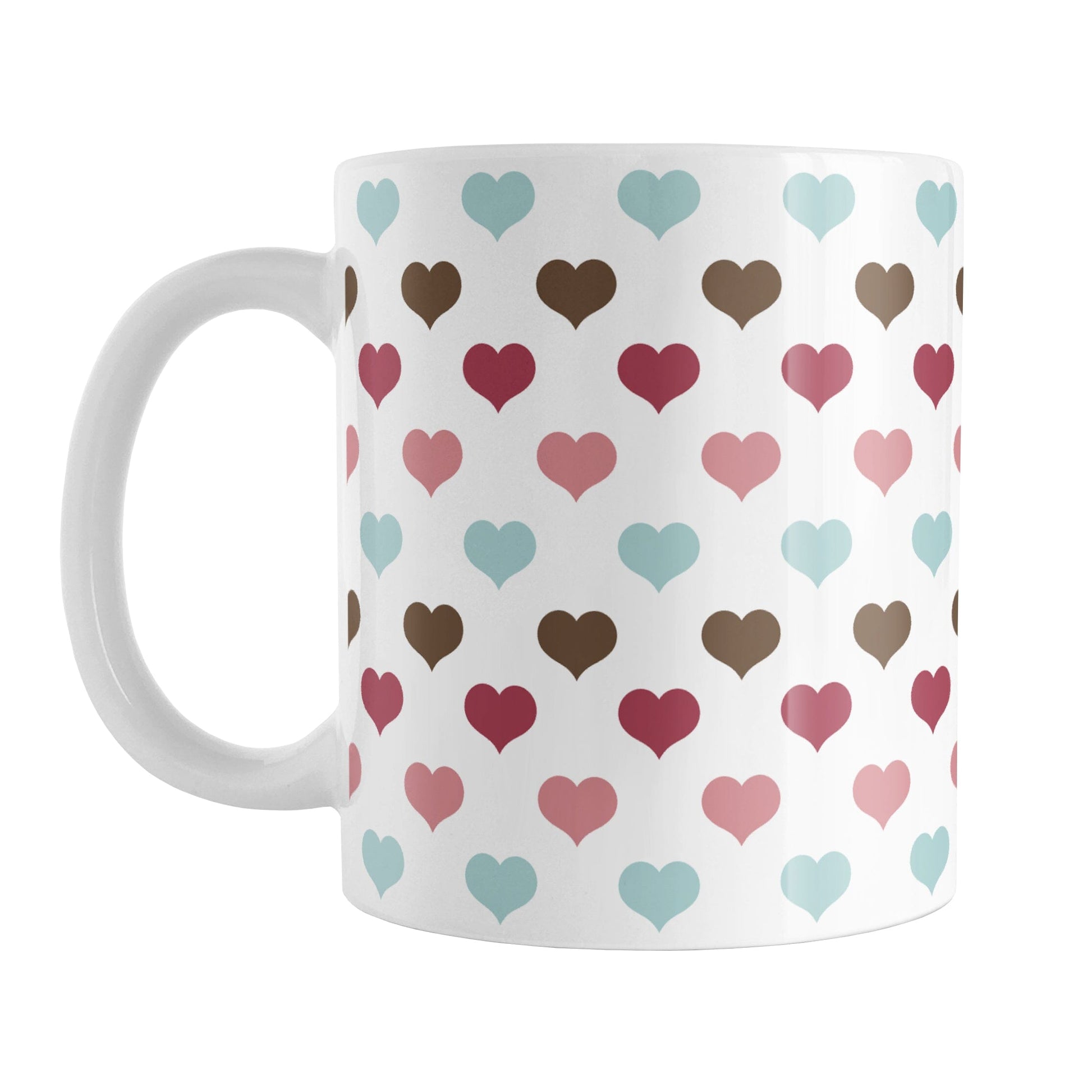 Berry Blue Summer Hearts Mug (11oz) at Amy's Coffee Mugs. A ceramic coffee mug designed with a polka-dotted pattern of hearts in a gorgeous summer color combination of berry pink hues, aqua blue, and brown over white. It makes an adorable gift for Valentine's Day as well with its unique and sweet color palette.