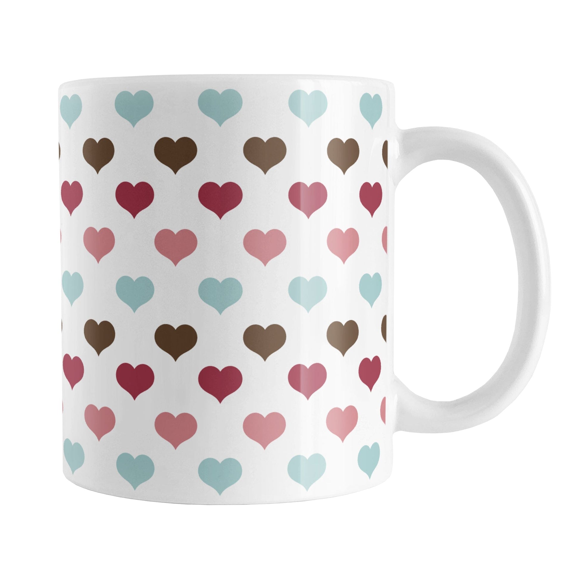 Berry Blue Summer Hearts Mug (11oz) at Amy's Coffee Mugs. A ceramic coffee mug designed with a polka-dotted pattern of hearts in a gorgeous summer color combination of berry pink hues, aqua blue, and brown over white. It makes an adorable gift for Valentine's Day as well with its unique and sweet color palette.