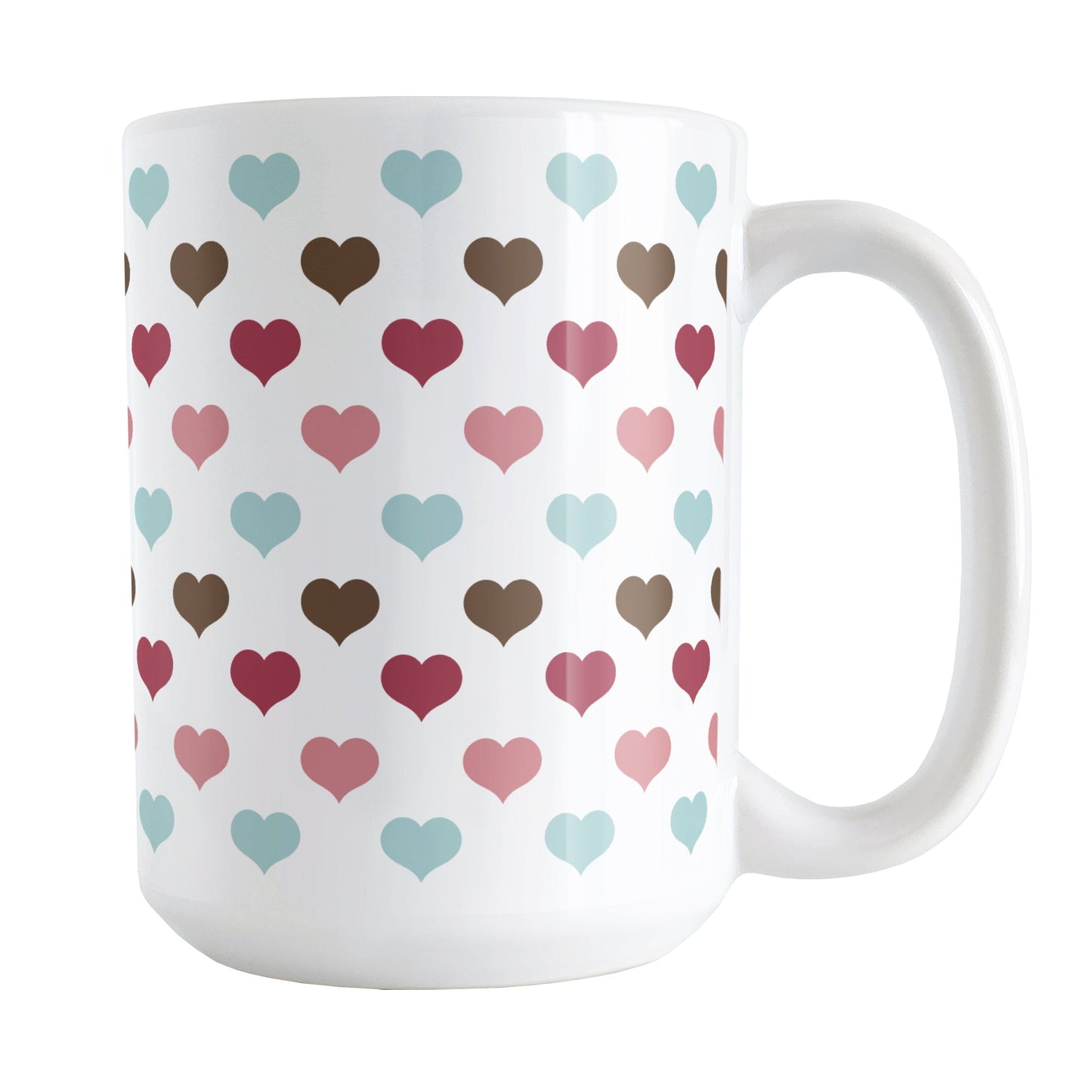 Berry Blue Summer Hearts Mug (15oz) at Amy's Coffee Mugs. A ceramic coffee mug designed with a polka-dotted pattern of hearts in a gorgeous summer color combination of berry pink hues, aqua blue, and brown over white. It makes an adorable gift for Valentine's Day as well with its unique and sweet color palette.