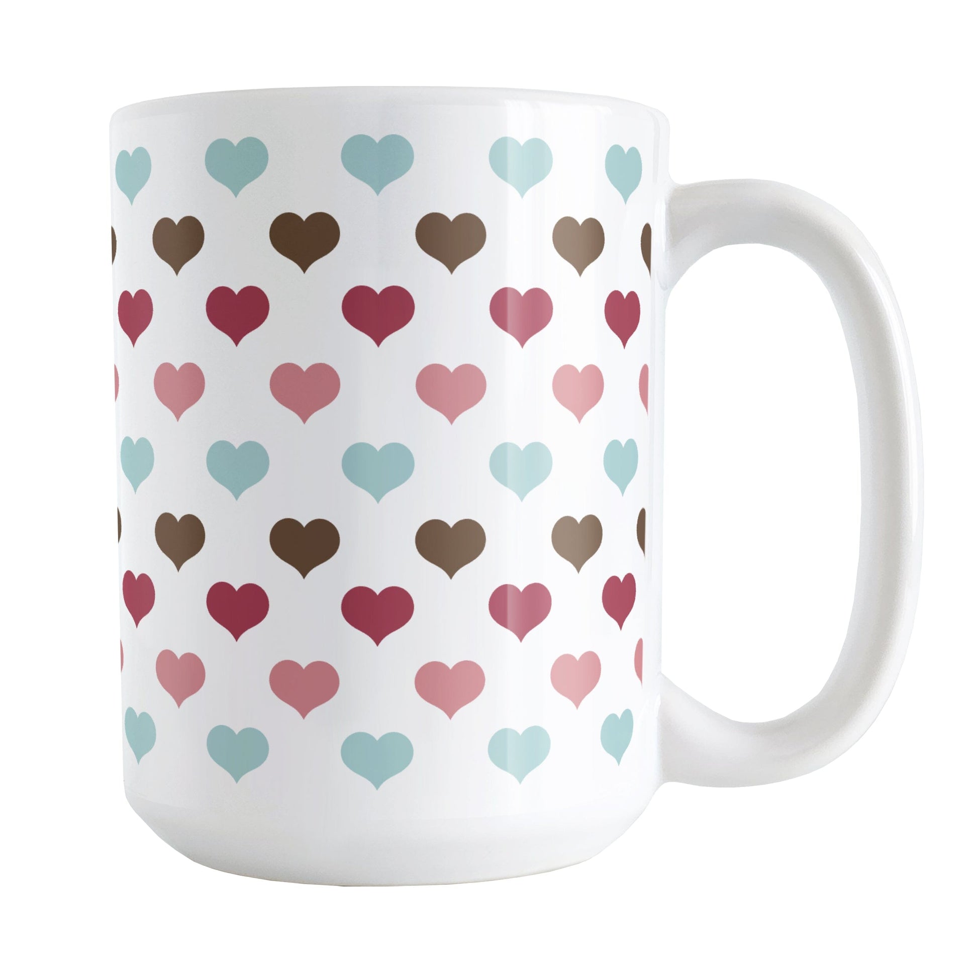 Berry Blue Summer Hearts Mug (15oz) at Amy's Coffee Mugs. A ceramic coffee mug designed with a polka-dotted pattern of hearts in a gorgeous summer color combination of berry pink hues, aqua blue, and brown over white. It makes an adorable gift for Valentine's Day as well with its unique and sweet color palette.