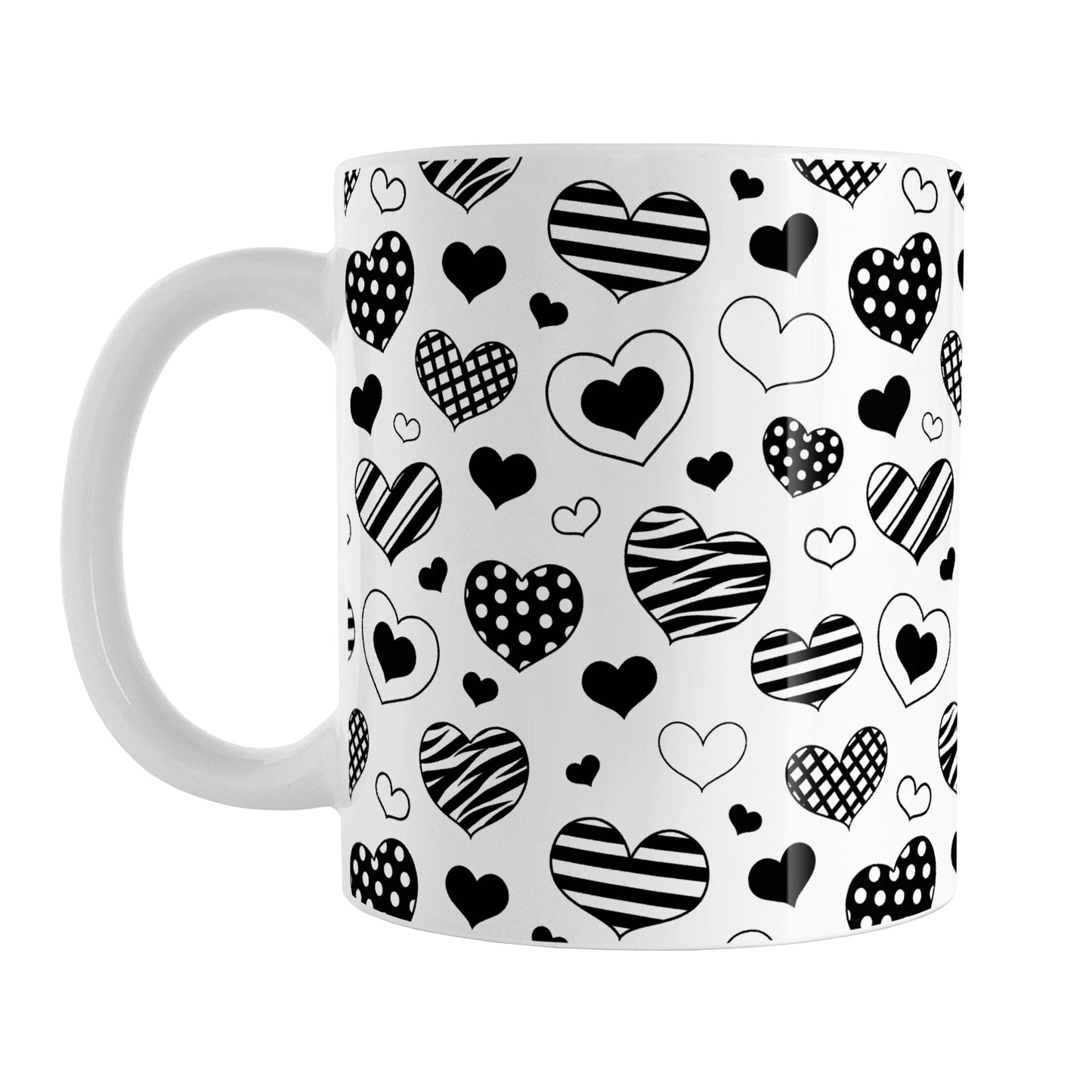 Black Heart Doodles Mug (11oz) at Amy's Coffee Mugs. A ceramic coffee mug designed with hand-drawn black heart doodles in a pattern that wraps around the mug up to the handle. This cute heart pattern is perfect for Valentine's Day or for anyone who loves hearts and young-at-heart drawings.