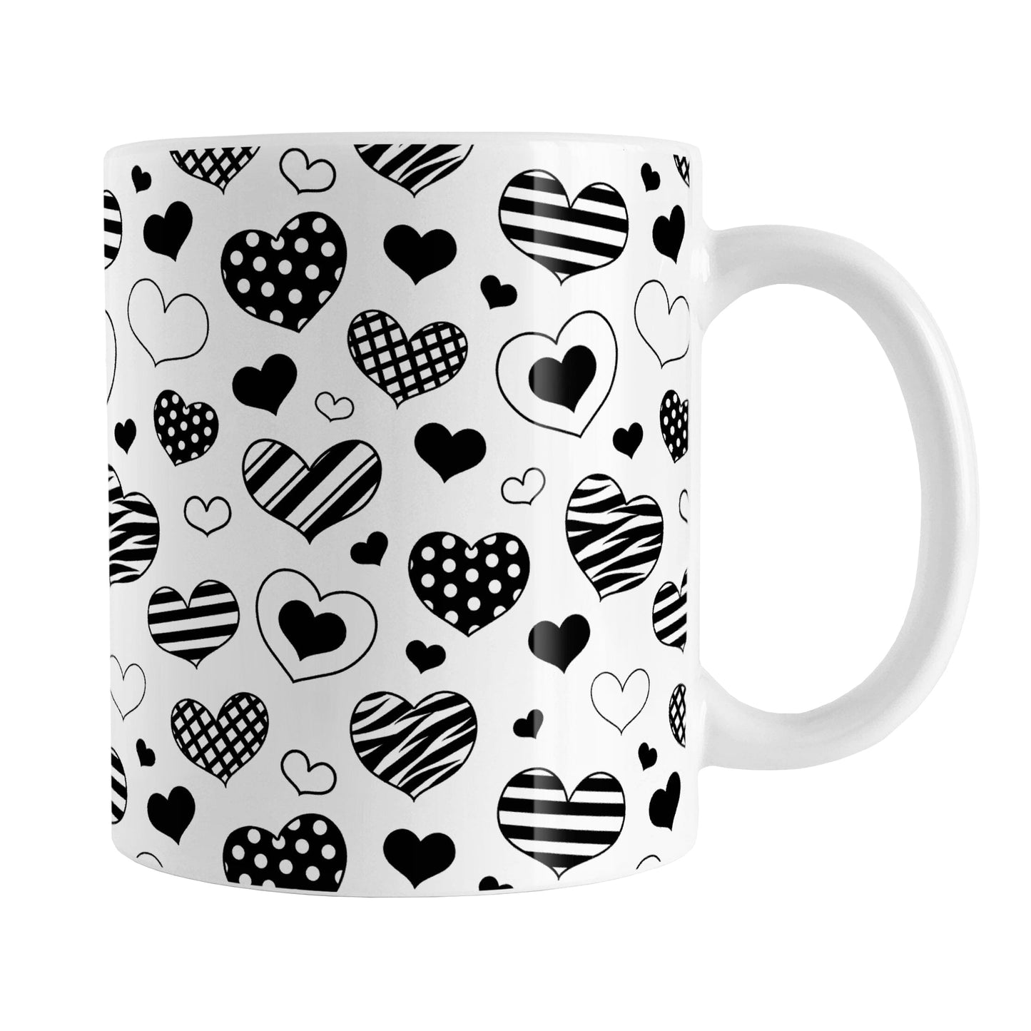 Black Heart Doodles Mug (11oz) at Amy's Coffee Mugs. A ceramic coffee mug designed with hand-drawn black heart doodles in a pattern that wraps around the mug up to the handle. This cute heart pattern is perfect for Valentine's Day or for anyone who loves hearts and young-at-heart drawings.