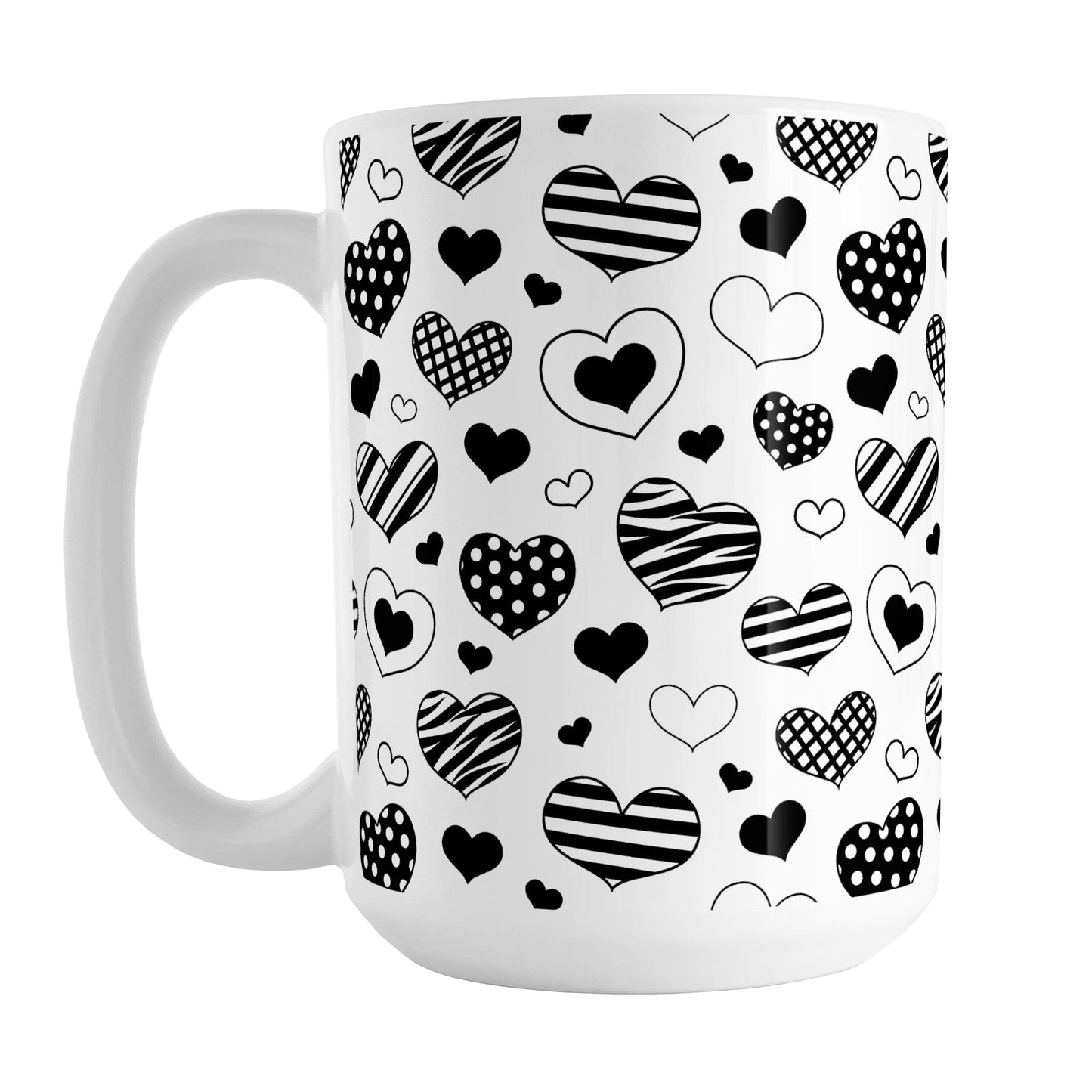 Black Heart Doodles Mug (15oz) at Amy's Coffee Mugs. A ceramic coffee mug designed with hand-drawn black heart doodles in a pattern that wraps around the mug up to the handle. This cute heart pattern is perfect for Valentine's Day or for anyone who loves hearts and young-at-heart drawings.