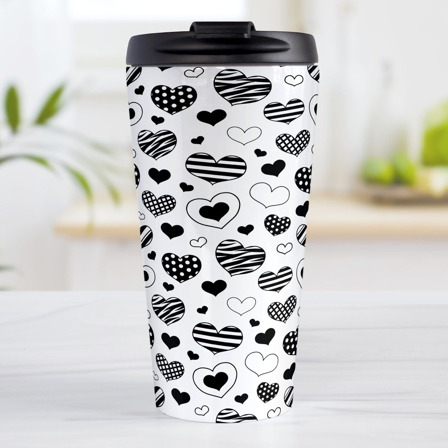Black Heart Doodles Travel Mug (15oz) at Amy's Coffee Mugs. A stainless steel travel mug designed with hand-drawn black heart doodles in a pattern that wraps around the travel mug. This cute heart pattern is perfect for Valentine's Day or for anyone who loves hearts and young-at-heart drawings.