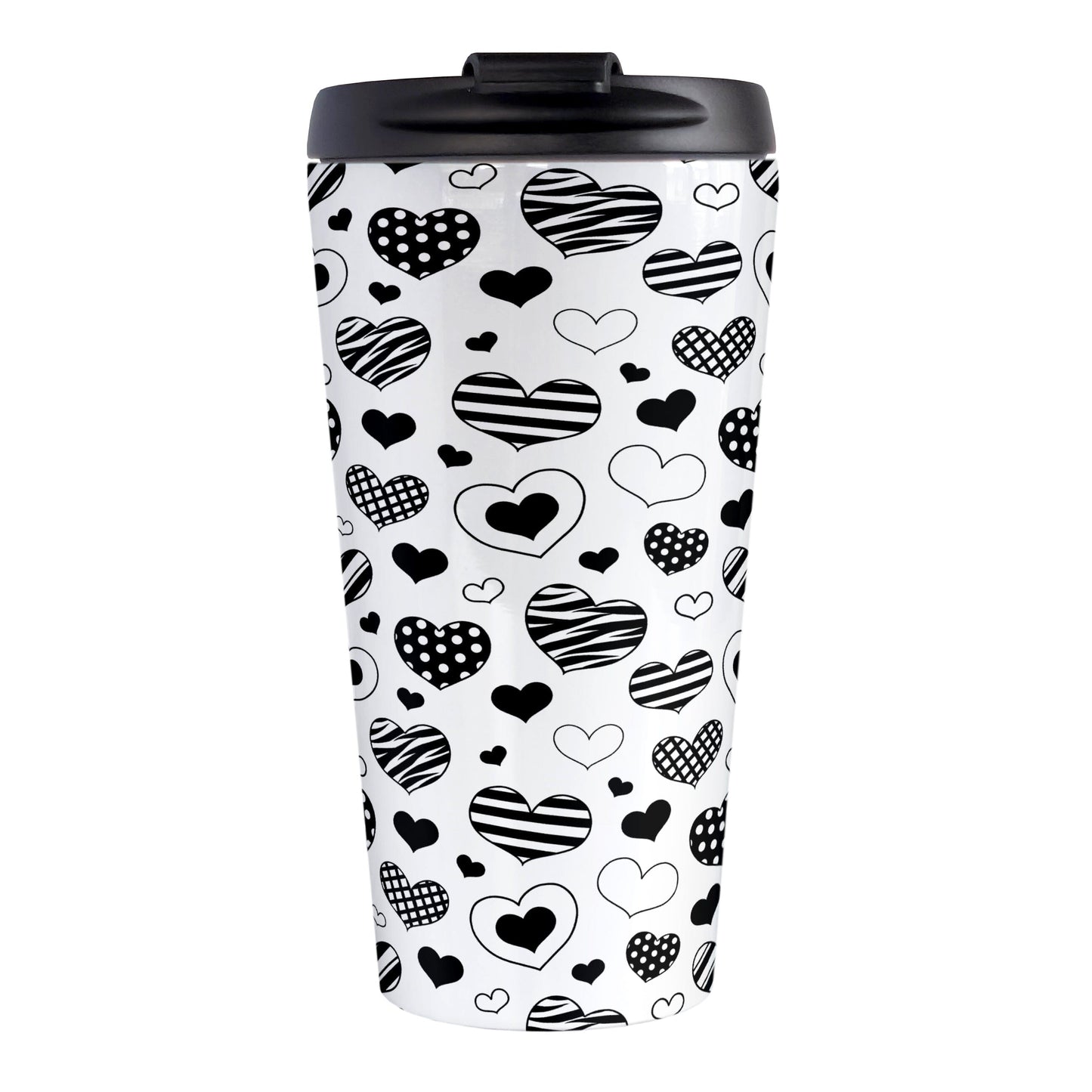 Black Heart Doodles Travel Mug (15oz) at Amy's Coffee Mugs. A stainless steel travel mug designed with hand-drawn black heart doodles in a pattern that wraps around the travel mug. This cute heart pattern is perfect for Valentine's Day or for anyone who loves hearts and young-at-heart drawings.