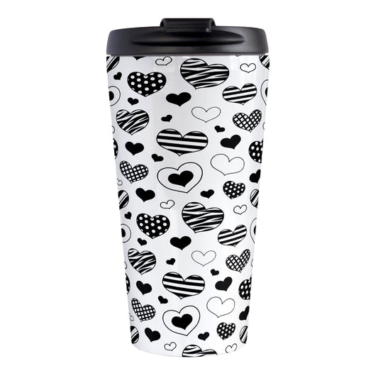 Black Heart Doodles Travel Mug (15oz) at Amy's Coffee Mugs. A stainless steel travel mug designed with hand-drawn black heart doodles in a pattern that wraps around the travel mug. This cute heart pattern is perfect for Valentine's Day or for anyone who loves hearts and young-at-heart drawings.