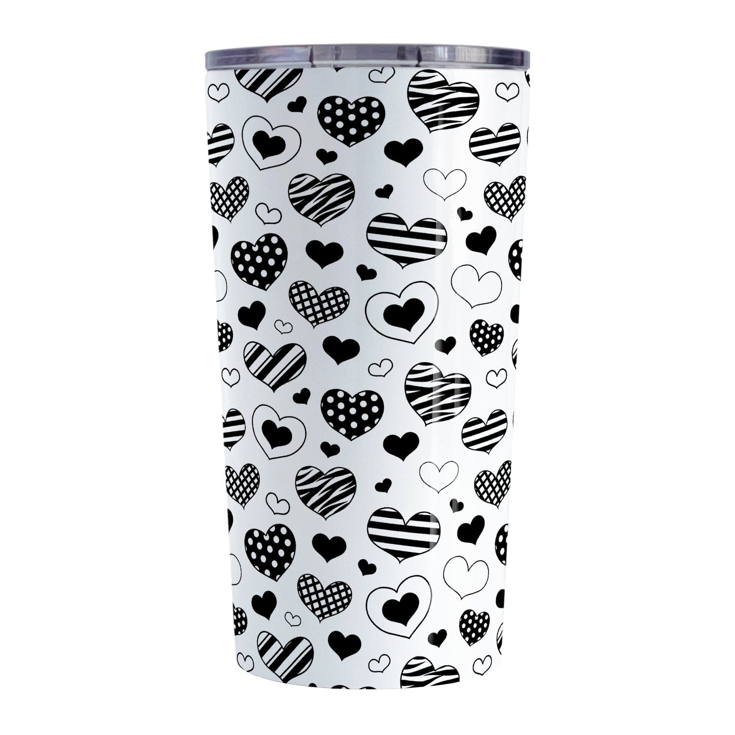 Black Heart Doodles Tumbler Cup (20oz) at Amy's Coffee Mugs. A stainless steel tumbler cup designed with hand-drawn black heart doodles in a pattern that wraps around the cup. This cute heart pattern is perfect for Valentine's Day or for anyone who loves hearts and young-at-heart drawings.