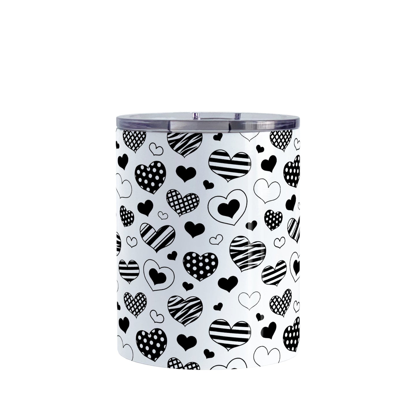 Black Heart Doodles Tumbler Cup (10oz) at Amy's Coffee Mugs. A stainless steel tumbler cup designed with hand-drawn black heart doodles in a pattern that wraps around the cup. This cute heart pattern is perfect for Valentine's Day or for anyone who loves hearts and young-at-heart drawings.