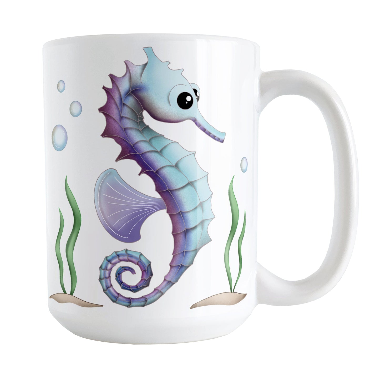 Blue and Purple Seahorse Mug (15oz) at Amy's Coffee Mugs. A ceramic coffee mug designed with an illustration of a blue and purple seahorse with seaweed and bubbles on both sides of the mug.