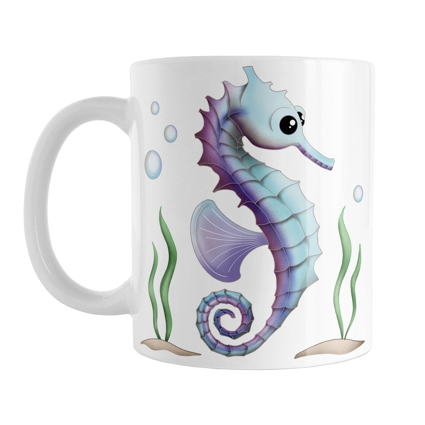 Blue and Purple Seahorse Mug (11oz) at Amy's Coffee Mugs. A ceramic coffee mug designed with an illustration of a blue and purple seahorse with seaweed and bubbles on both sides of the mug.