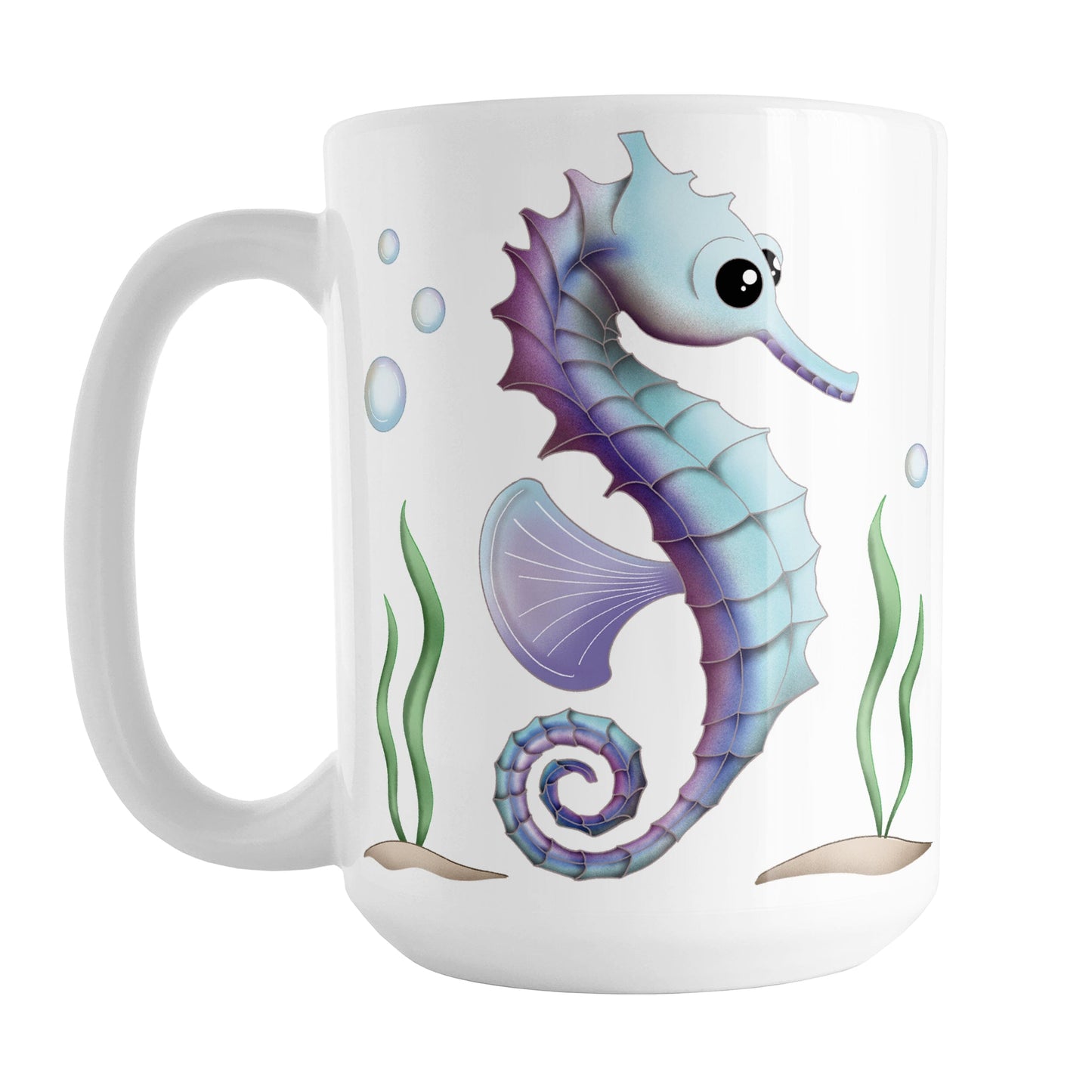 Blue and Purple Seahorse Mug (15oz) at Amy's Coffee Mugs. A ceramic coffee mug designed with an illustration of a blue and purple seahorse with seaweed and bubbles on both sides of the mug.