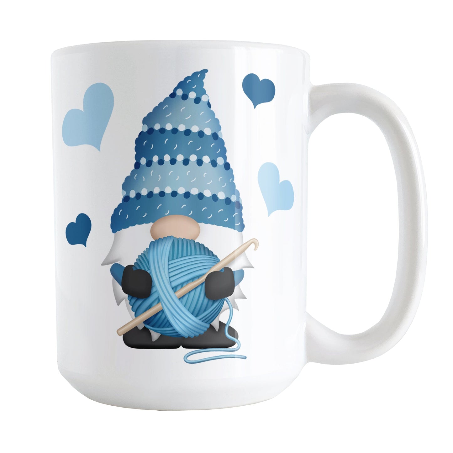 Blue Crochet Gnome Mug (15oz) at Amy's Coffee Mugs. A ceramic coffee mug designed with a cute gnome wearing a blue crochet hat while holding a ball of blue yarn and a crochet hook with blue hearts around him. This adorable gnome is on both sides of the mug.