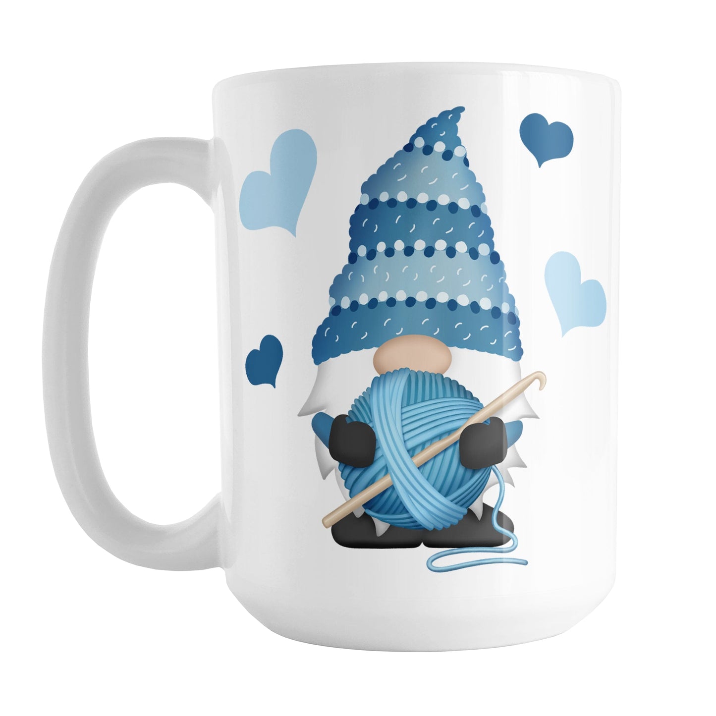 Blue Crochet Gnome Mug (15oz) at Amy's Coffee Mugs. A ceramic coffee mug designed with a cute gnome wearing a blue crochet hat while holding a ball of blue yarn and a crochet hook with blue hearts around him. This adorable gnome is on both sides of the mug.