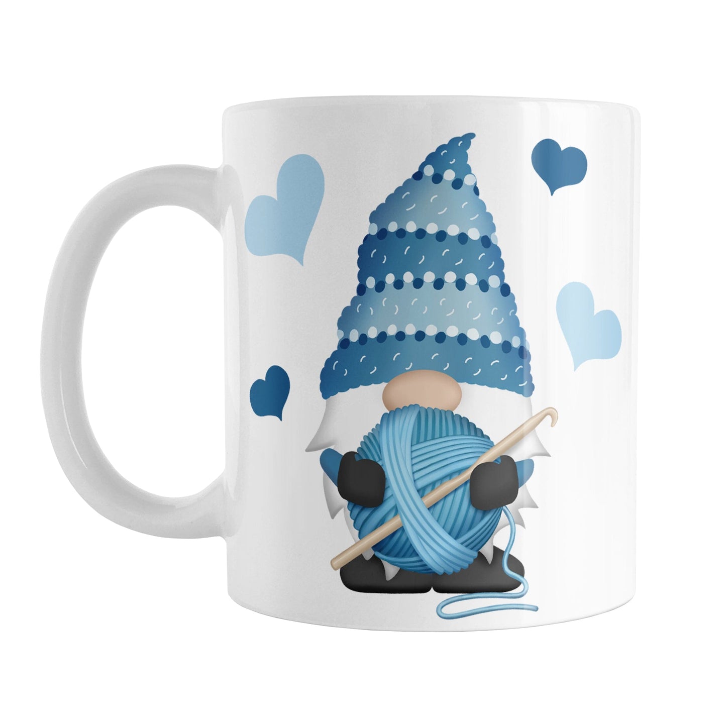 Blue Crochet Gnome Mug (11oz) at Amy's Coffee Mugs. A ceramic coffee mug designed with a cute gnome wearing a blue crochet hat while holding a ball of blue yarn and a crochet hook with blue hearts around him. This adorable gnome is on both sides of the mug.