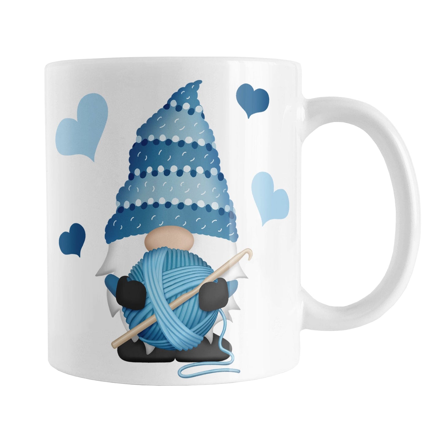 Blue Crochet Gnome Mug (11oz) at Amy's Coffee Mugs. A ceramic coffee mug designed with a cute gnome wearing a blue crochet hat while holding a ball of blue yarn and a crochet hook with blue hearts around him. This adorable gnome is on both sides of the mug.