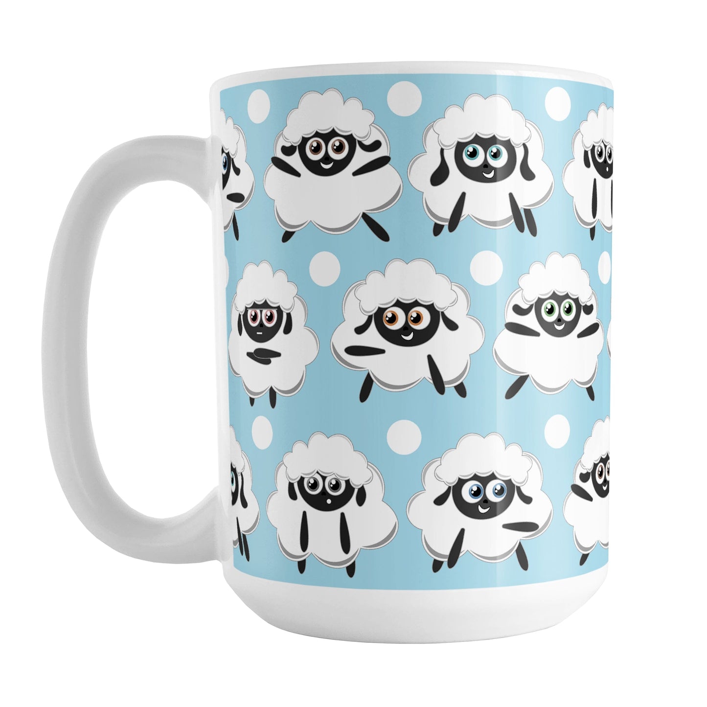 Blue Sheep Mug (15oz) at Amy's Coffee Mugs. A ceramic coffee mug designed with cute and fun sheep with different expressions over a blue background color coupled with white polka dots all in a pattern that wraps around the mug to the handle.