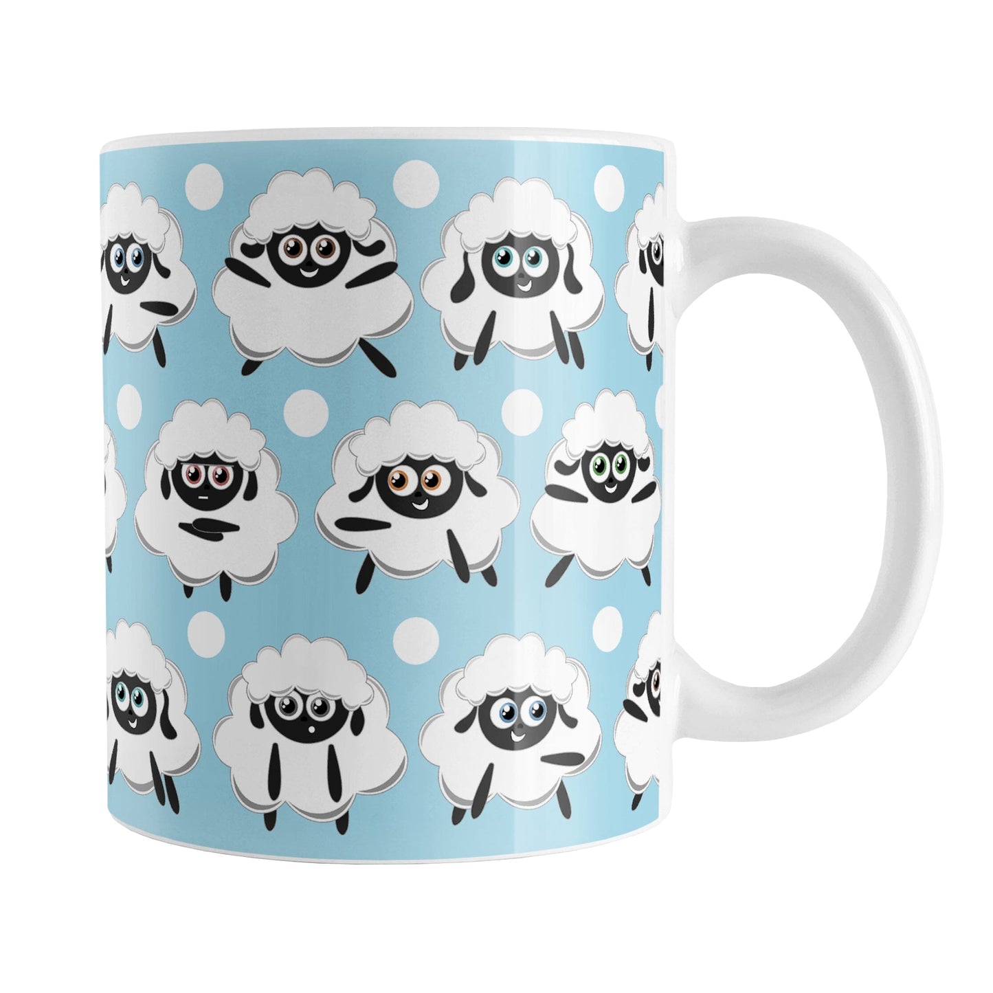 Blue Sheep Mug (11oz) at Amy's Coffee Mugs. A ceramic coffee mug designed with cute and fun sheep with different expressions over a blue background color coupled with white polka dots all in a pattern that wraps around the mug to the handle.