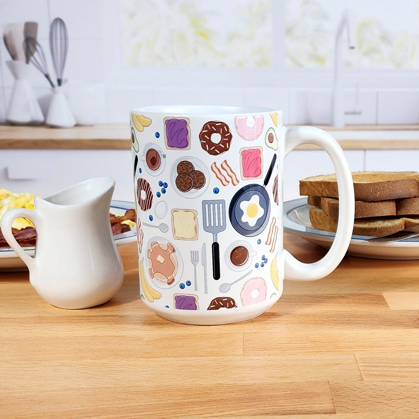 Breakfast Pattern Mug (15oz) from Amy's Coffee Mugs in a kitchen with breakfast food.