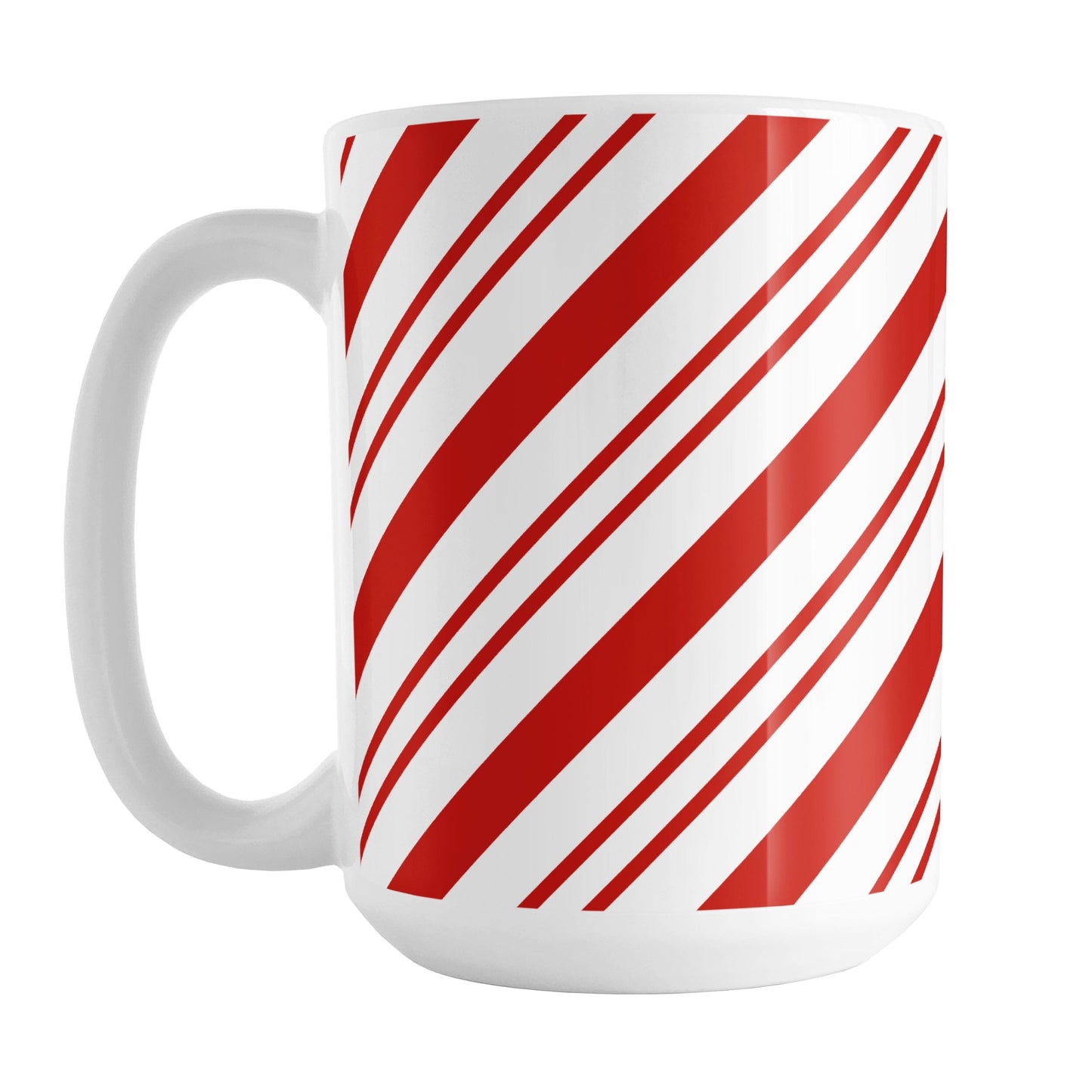 Candy Cane Stripe Mug (15oz) at Amy's Coffee Mugs. A ceramic coffee mug designed with a diagonal white and red candy cane-style stripe pattern that wraps around the mug up to the handle.
