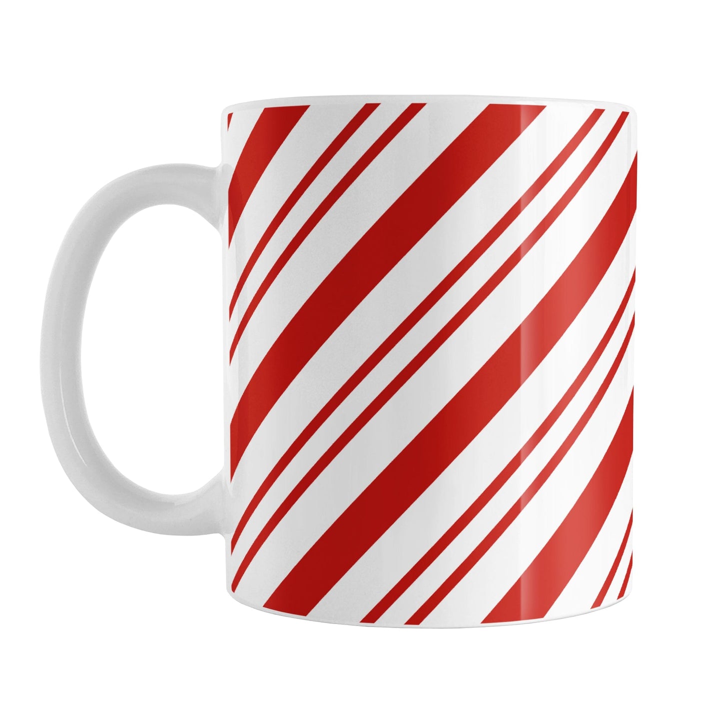 Candy Cane Stripe Mug (11oz) at Amy's Coffee Mugs. A ceramic coffee mug designed with a diagonal white and red candy cane-style stripe pattern that wraps around the mug up to the handle.