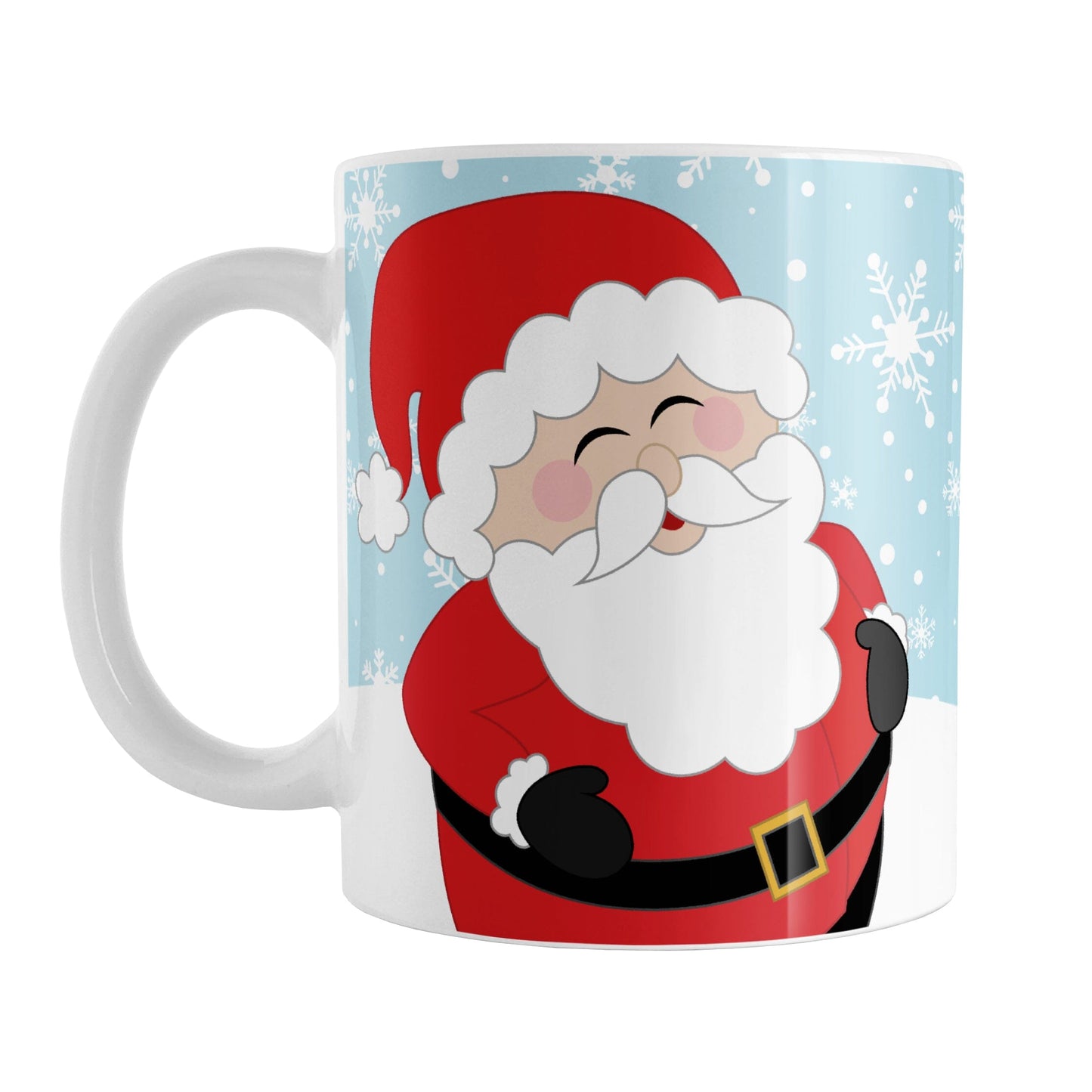 Cheerful Santa Mug (11oz) at Amy's Coffee Mugs. A Christmas mug illustrated with a cheerful and jolly Santa Claus, holding his belly and laughing, on both sides of the mug over a light blue winter background with white snowflakes.