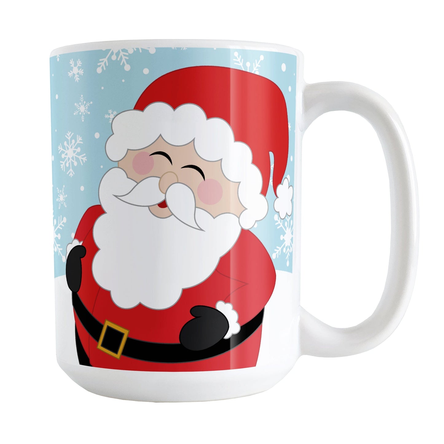 Cheerful Santa Mug (15oz) at Amy's Coffee Mugs. A Christmas mug illustrated with a cheerful and jolly Santa Claus, holding his belly and laughing, on both sides of the mug over a light blue winter background with white snowflakes.