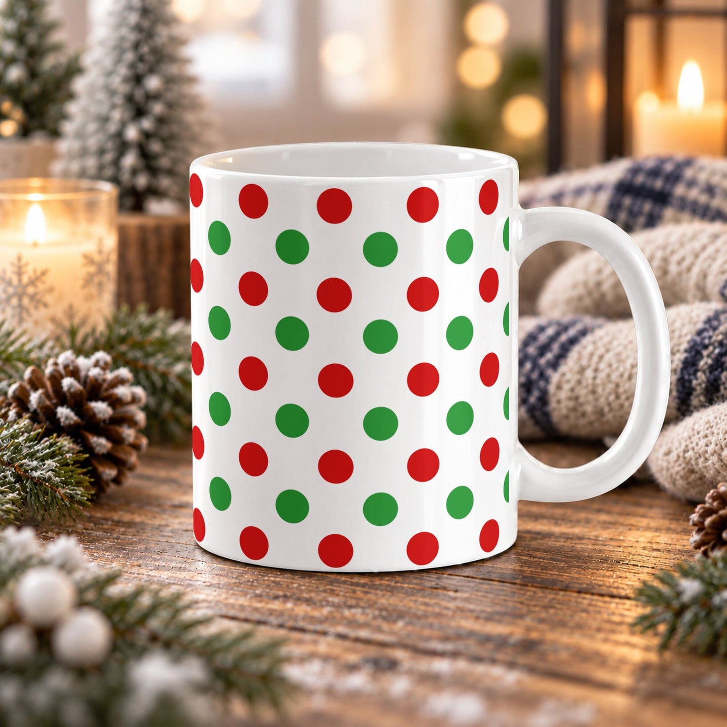 11 oz Christmas mug with red and green polka dot pattern on white ceramic, on a wooden table with winter decor around it including pine cones, pine boughs, candles, and a cozy plaid blanket.