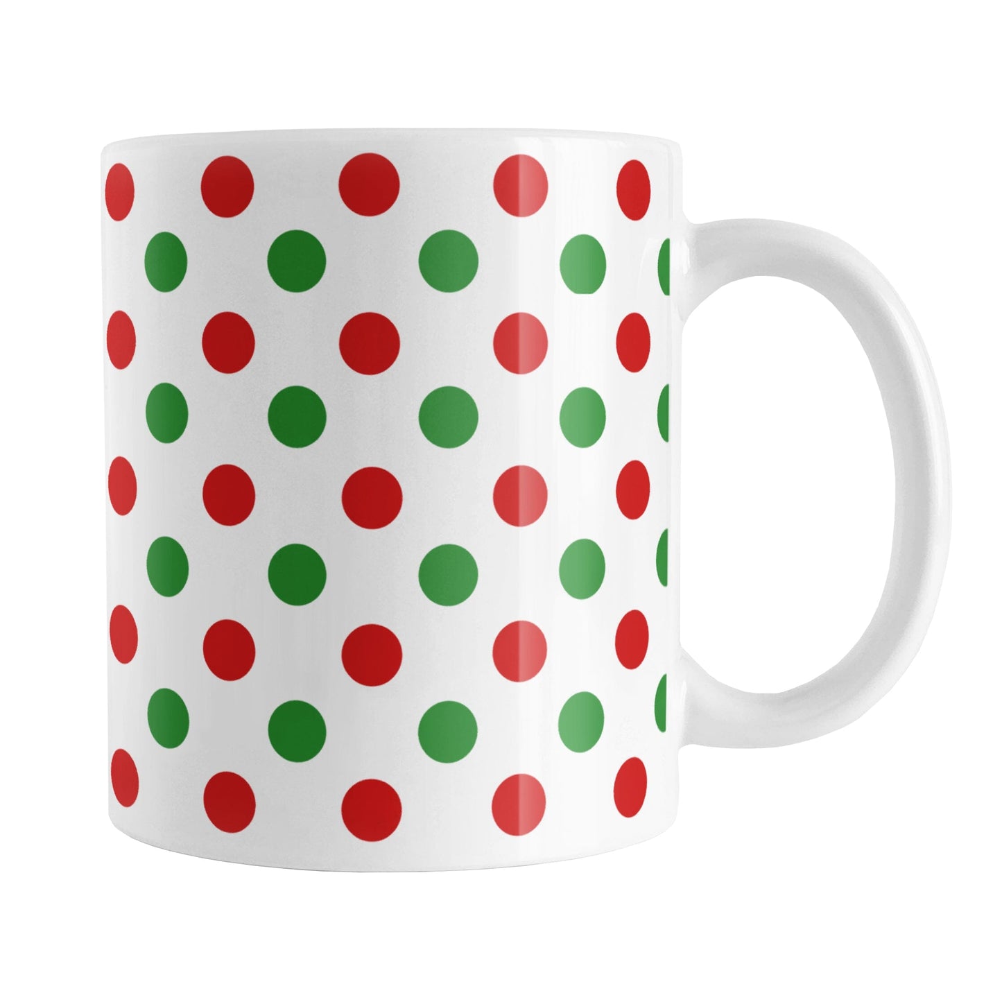 Christmas Polka Dot Mug (11oz) at Amy's Coffee Mugs. A ceramic coffee mug featuring a pattern of polka dots across the mug up to the handle, in alternating colors of red and green to celebrate the Christmas holiday.