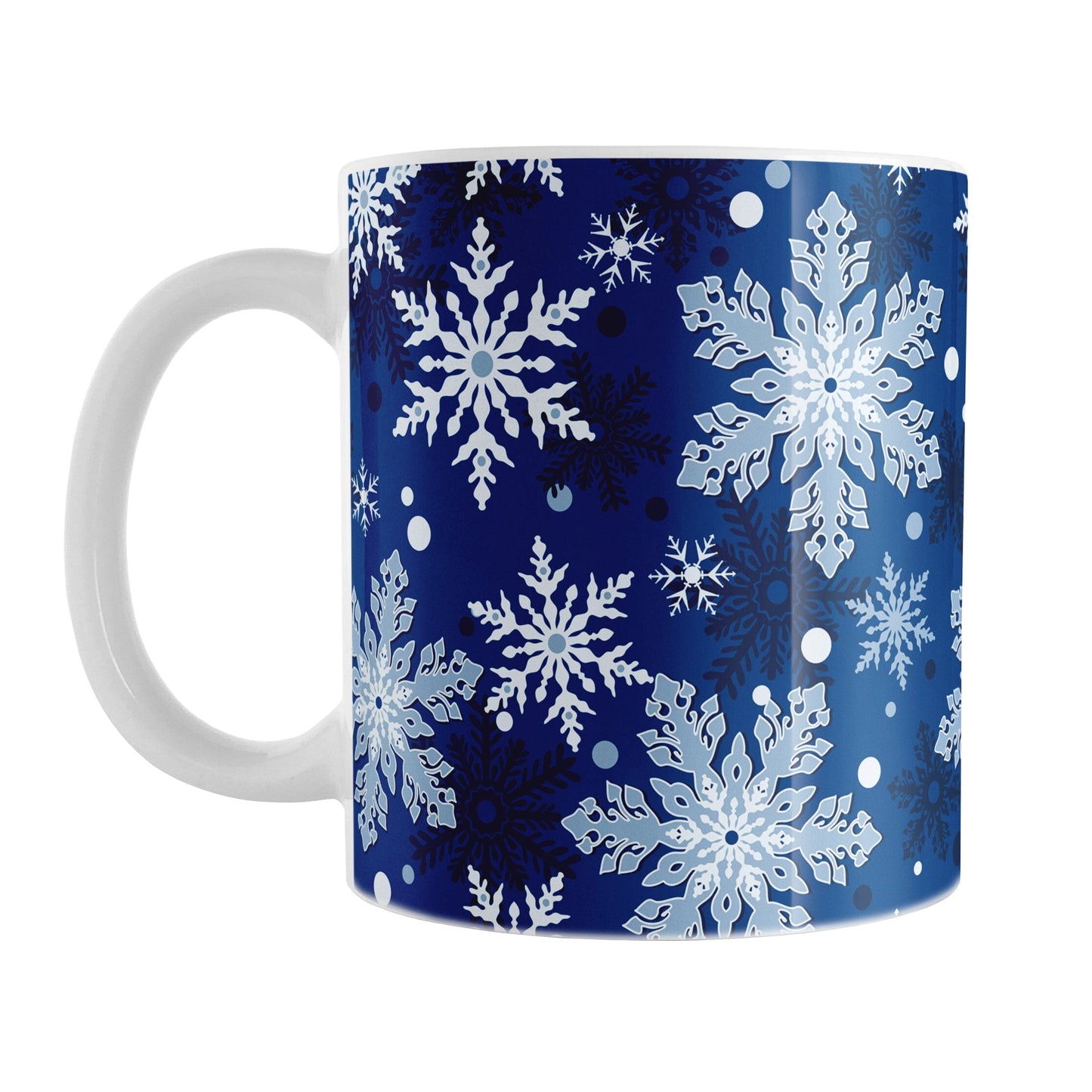 Classic Blue Snowflake Pattern Winter Mug (11oz) at Amy's Coffee Mugs. A ceramic coffee mug designed with a pattern of different shades of blue snowflakes over a classic blue background color that wraps around the mug.