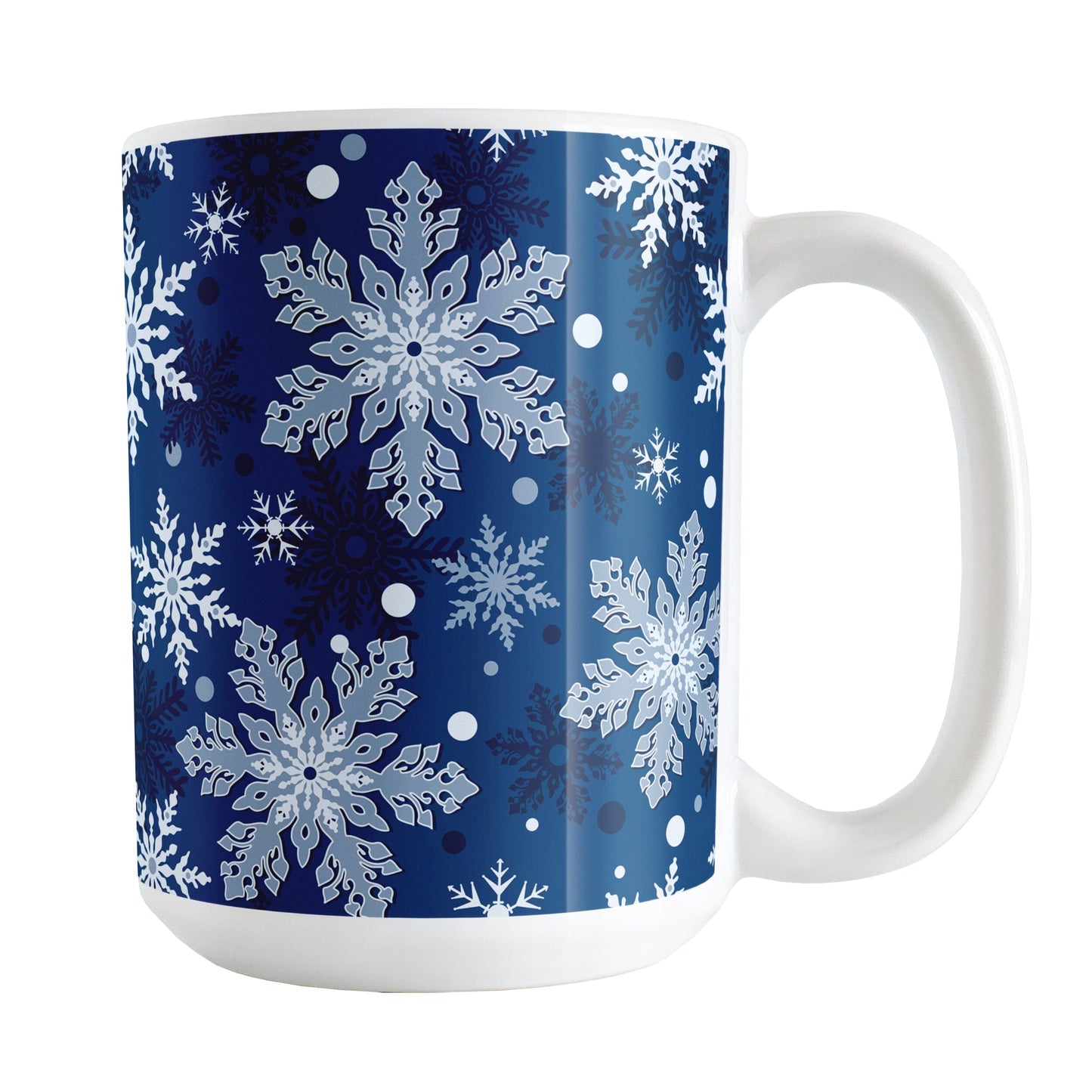 Classic Blue Snowflake Pattern Winter Mug (15oz) at Amy's Coffee Mugs. A ceramic coffee mug designed with a pattern of different shades of blue snowflakes over a classic blue background color that wraps around the mug.